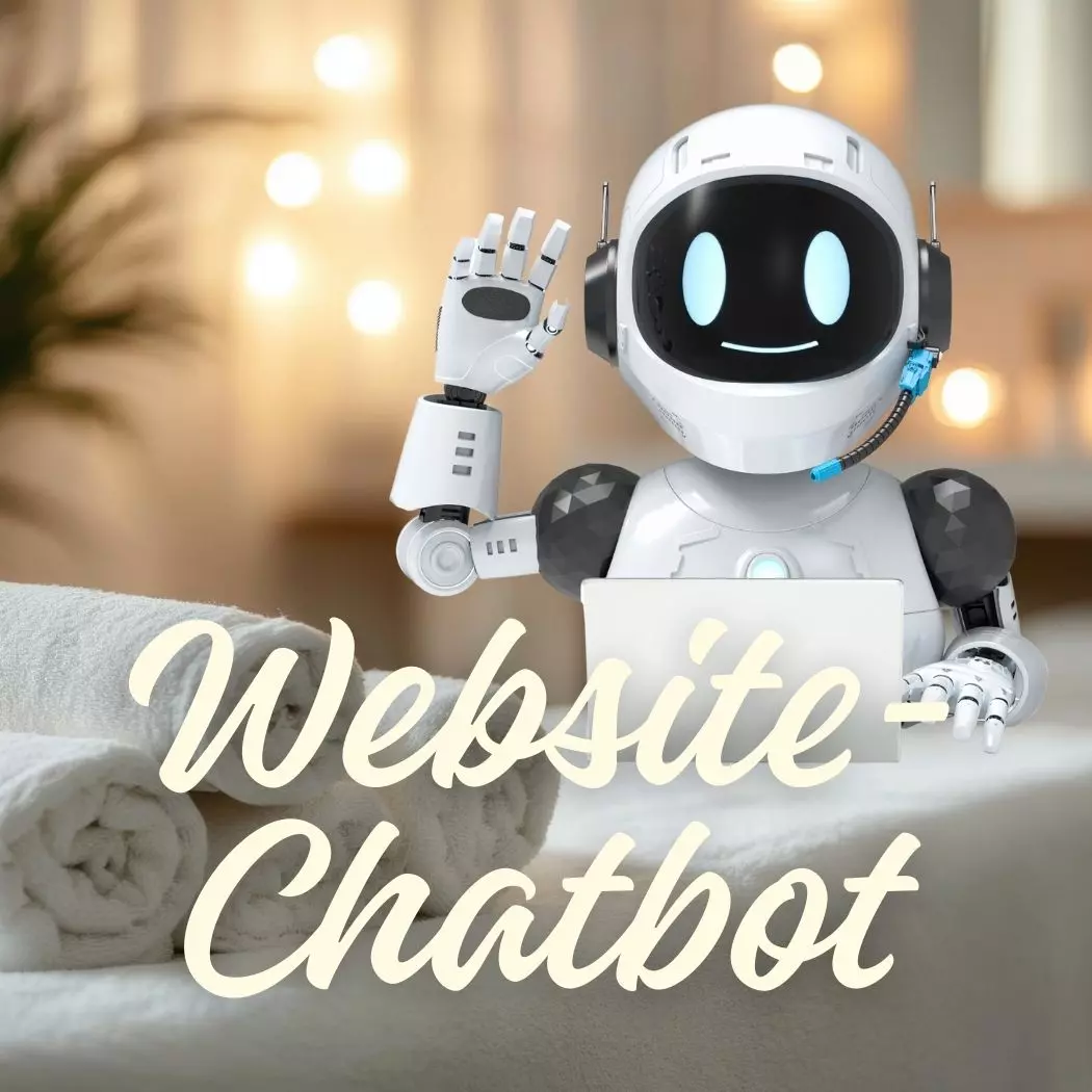 Freundlicher Roboter‑Chatbot sitzt mit Laptop auf einem Handtuchstapel in einer Spa‑Lounge – Symbol für Website‑Chatbot, der Fragen von Webseiten‑Besuchern rund um die Uhr beantwortet.
