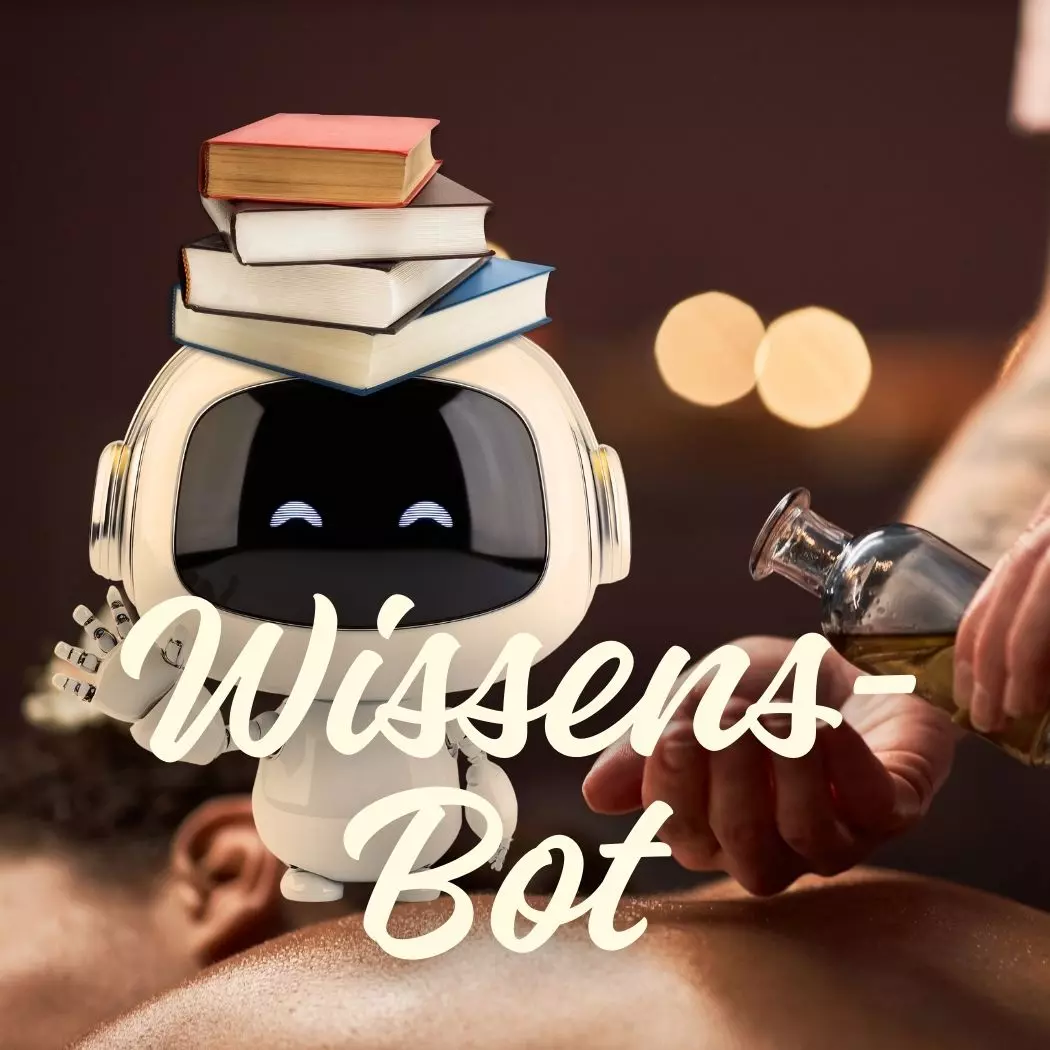 Kleiner Roboter mit Bücherstapel auf dem Kopf neben einer Massage‑Szene – symbolisiert Wissens‑Bot, der Spa‑Mitarbeitern internes Wissen und Abläufe schnell erklärt.